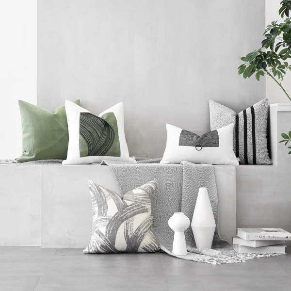 Modern Geometric Throw Pillow Arrangement Light Gray and Sage Green2